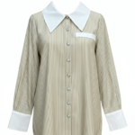 Chemise femme rayée beige avec col blanc contrastant et boutons bijoux, élégance chic par Orkidia Fashion