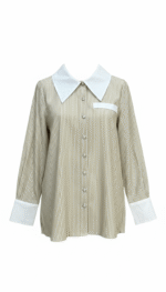 Chemise femme rayée beige avec col blanc contrastant et boutons bijoux, élégance chic par Orkidia Fashion