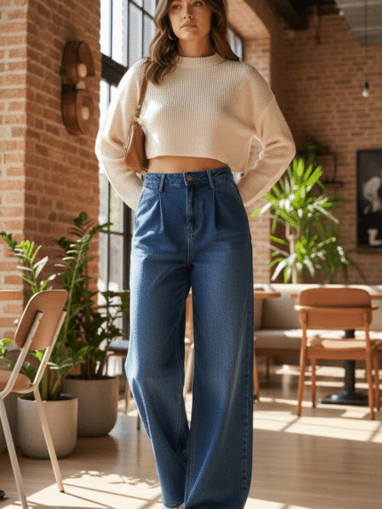 jean large trendy bleu foncé