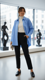 Femme élégante portant une chemise oversize rayée bleu clair avec un col roulé crème et un pantalon noir dans un cadre moderne