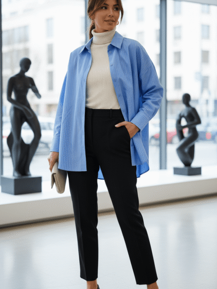 Femme élégante portant une chemise oversize rayée bleu clair avec un col roulé crème et un pantalon noir dans un cadre moderne