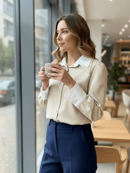 Chemise Femme Rayée Beige et Blanche Style Classique