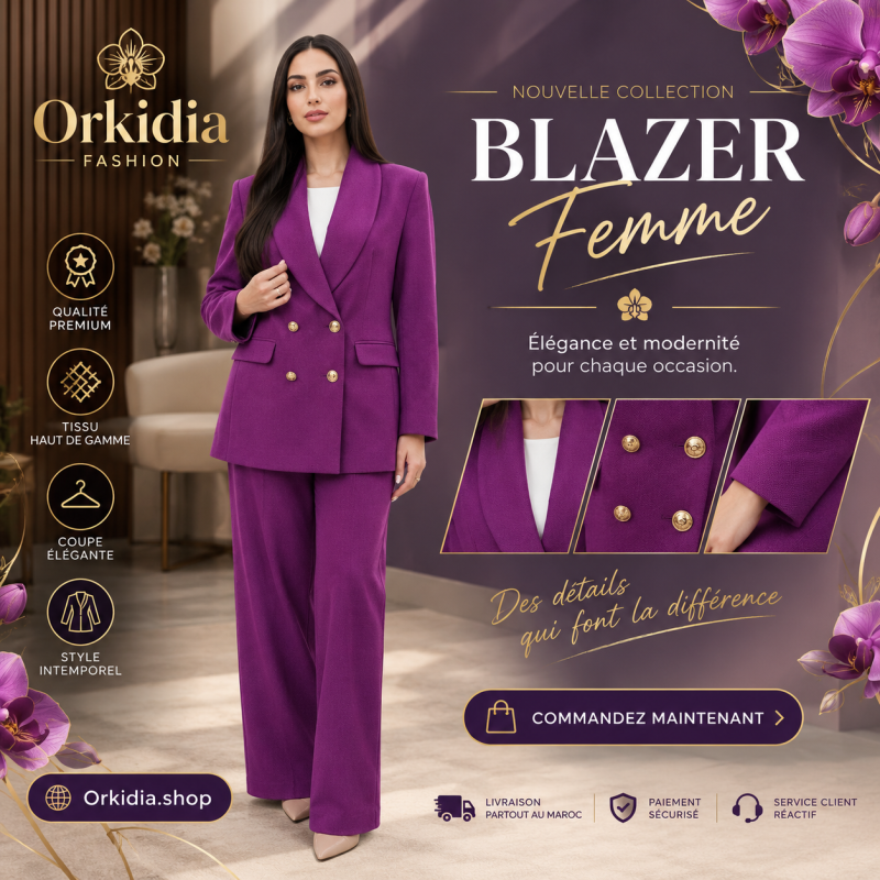 Blazer Femme Violet Croisé Col Châle & Boutons Dorés Blazer femme violet croise mi-long avec col chale et boutons dores Orkidia Fashion Nador