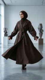 Femme portant un trench long marron élégant avec hijab, style modeste chic, Orkidia Fashion.