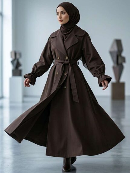 Femme portant un trench long marron élégant avec hijab, style modeste chic, Orkidia Fashion.