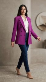 Femme portant un blazer violet structuré avec un chemisier blanc et un jean bleu