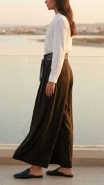 Pantalon Fluide Noir – Coupe Palazzo Texturée et Ceinture Foulard