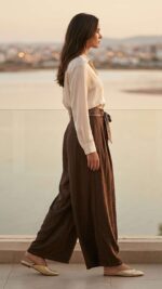 Pantalon Fluide Marron – Coupe Palazzo Texturée et Ceinture Foulard