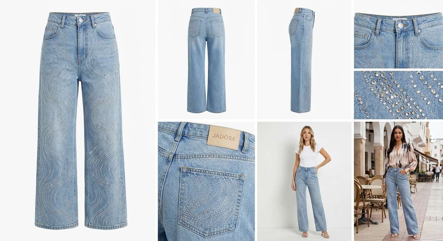 Jean Large à Strass – Denim Scintillant et Coupe Wide-Leg Glamour