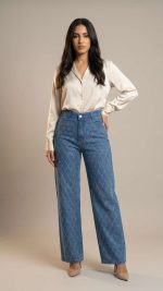 Jean Large à Strass Losanges – Denim Brillant et Coupe Glamour