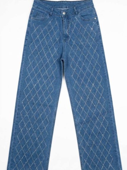 Jean Large à Strass Losanges – Denim Brillant et Coupe Glamour