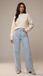 Jean Large Bleu Ciel à Strass Losanges – Fraîcheur Denim et Éclat Glamour