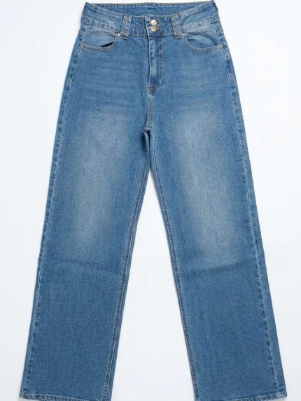 Jean Droit Bleu à Double Bouton – Coupe Sculptante et Style Intemporel