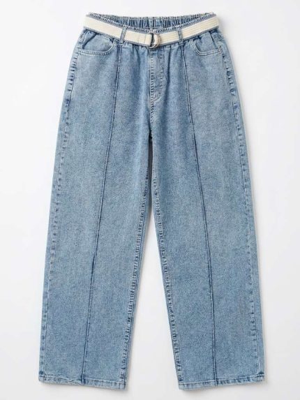 Jean Large Bleu Clair avec Ceinture – Couture Centrale et Confort Absolu