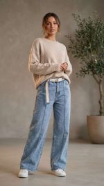Jean Large Bleu Clair avec Ceinture – Couture Centrale et Confort Absolu