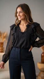 Blouse Noire Transparente à Volants – Charme Mystérieux et Élégance Romantique