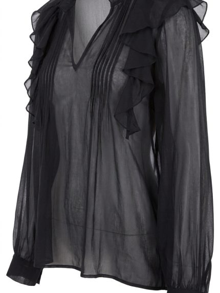 Blouse Noire Transparente à Volants – Charme Mystérieux et Élégance Romantique
