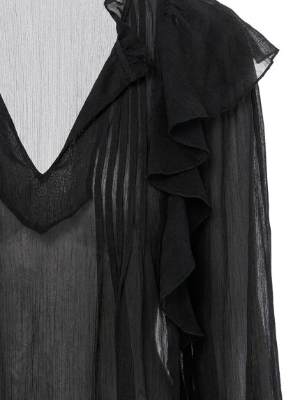 Blouse Noire Transparente à Volants – Charme Mystérieux et Élégance Romantique