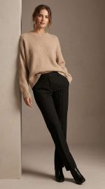 Pantalon Noir à Fines Rayures – L'Élégance Tailleur et Silhouette Allongée