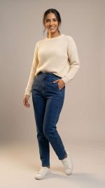 Jean Taille Haute Bleu Foncé – Coupe Structurée et Détails Élégants