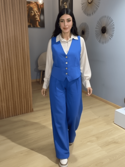 Ensemble Tailleur Gilet Bleu Roi Deux Pièces – Chic Masculin-Féminin et Allure Moderne