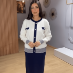 Ensemble Maille Blanc et Marine Deux Pièces – Chic Intemporel et Confort Absolu
