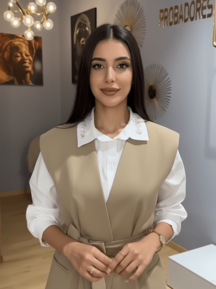 Ensemble Tailleur Gilet Beige Deux Pièces – Élégance Structurée et Style Superposé
