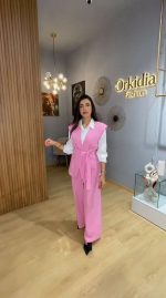 Ensemble 2 Pièces Femme : Gilet Ceinturé et Pantalon Large Rose Vif | Orkidia Fashion Nador