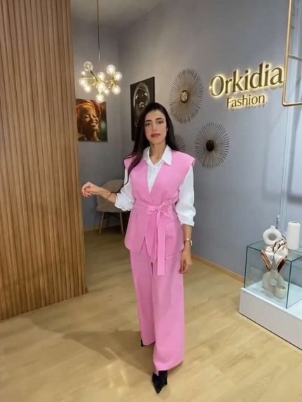 Ensemble 2 Pièces Femme : Gilet Ceinturé et Pantalon Large Rose Vif | Orkidia Fashion Nador