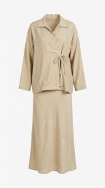 Ensemble 2 Pièces Femme Grand Taille : Chemise Croisée & Jupe Longue Beige Sable |