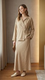 Ensemble 2 Pièces Femme Grand Taille : Chemise Croisée & Jupe Longue Beige Sable |