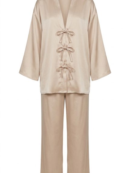 Ensemble 2 Pièces Femme : Veste à liens noués et Pantalon Large Beige | Orkidia Fashion Nador