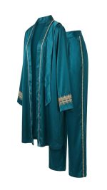 Ensemble Satiné Bleu Pétrole Deux Pièces – Luxueuses Broderies Dorées et Allure Orientale