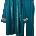 Ensemble Satiné Bleu Pétrole Deux Pièces – Luxueuses Broderies Dorées et Allure Orientale