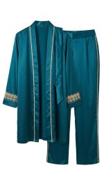Ensemble Satiné Bleu Pétrole Deux Pièces – Luxueuses Broderies Dorées et Allure Orientale