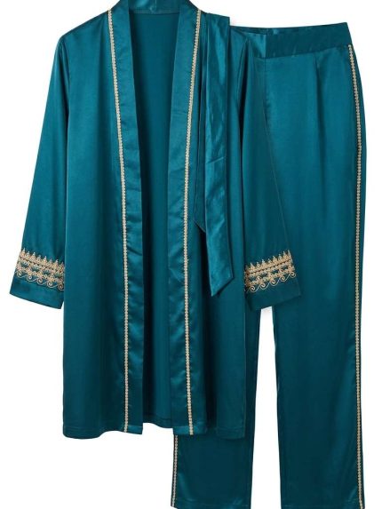 Ensemble Satiné Bleu Pétrole Deux Pièces – Luxueuses Broderies Dorées et Allure Orientale