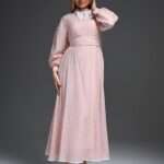 Robe longue femme rose poudre evasee avec manches bouffantes et col orne d un noeud papillon perle Orkidia Fashion Nador