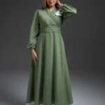 Robe longue femme vert sauge coupe cache-coeur evasee avec manches bouffantes et fleur decorative blanche Orkidia Fashion Nador