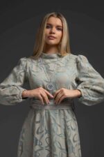 Robe de Soirée Modeste Gris Perle en Tissu Jacquard