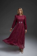 Robe longue femme bordeaux evasee motif leopard devore avec ceinture bijou argentee Orkidia Fashion Nador