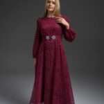 Robe longue femme bordeaux evasee motif leopard devore avec ceinture bijou argentee Orkidia Fashion Nador