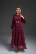 Robe longue femme bordeaux evasee motif leopard devore avec ceinture bijou argentee Orkidia Fashion Nador