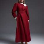 Robe Longue Classique Bordeaux avec Col Blanc Contrastant