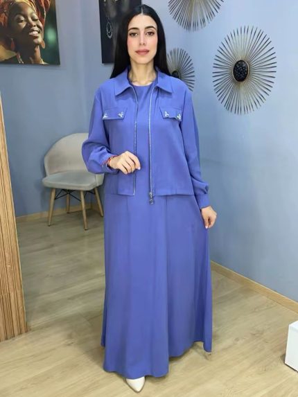 Ensemble 2 Pièces Femme : Robe Longue et Veste Zippée Bleu Lavande | Orkidia Nador