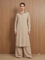 Robe Chemise Lin Beige Élégance Minimaliste | Orkidia Fashion