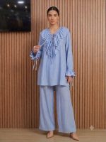 Ensemble Co-ord Tunique à Volants et Pantalon Bleu Ciel