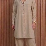 Ensemble Co-ord Tunique Chemise et Pantalon Large en Lin Beige