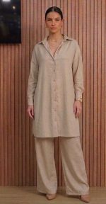 Ensemble Co-ord Tunique Chemise et Pantalon Large en Lin Beige