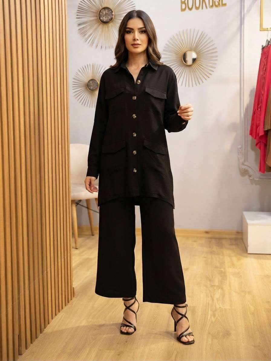 WhatsApp Image 2026-08-21 at 17.46.34 Ensemble Noir Chic Style Cargo – Longue Chemise à Poches et Pantalon Large – Image 1