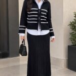 Ensemble 2 Pièces Femme en Maille Noir et Blanc – Cardigan à Liens & Jupe Longue Chic